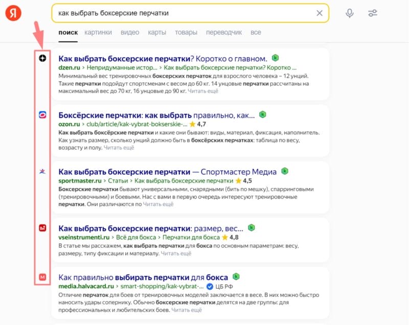 Пример Фавиконов разных сайтов в выдаче Яндекса